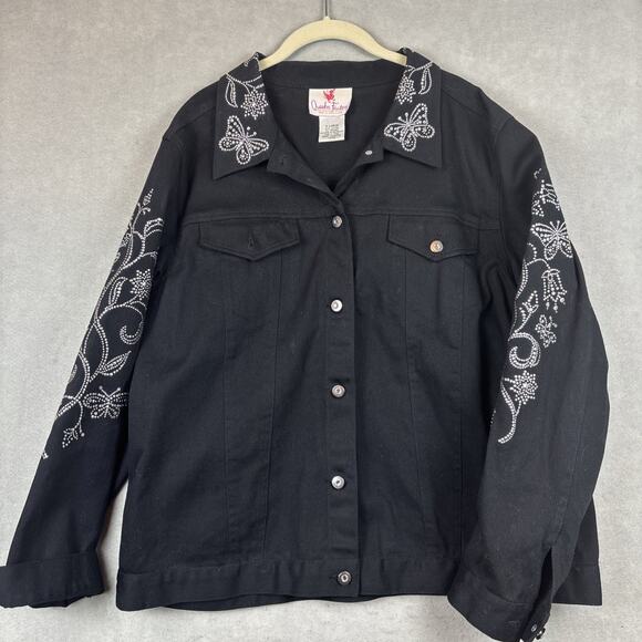 Quacker Factory Jacket Womens XL Black Denim Rhinestone Studded 90’s Bling Flora - Picture 1 of 6